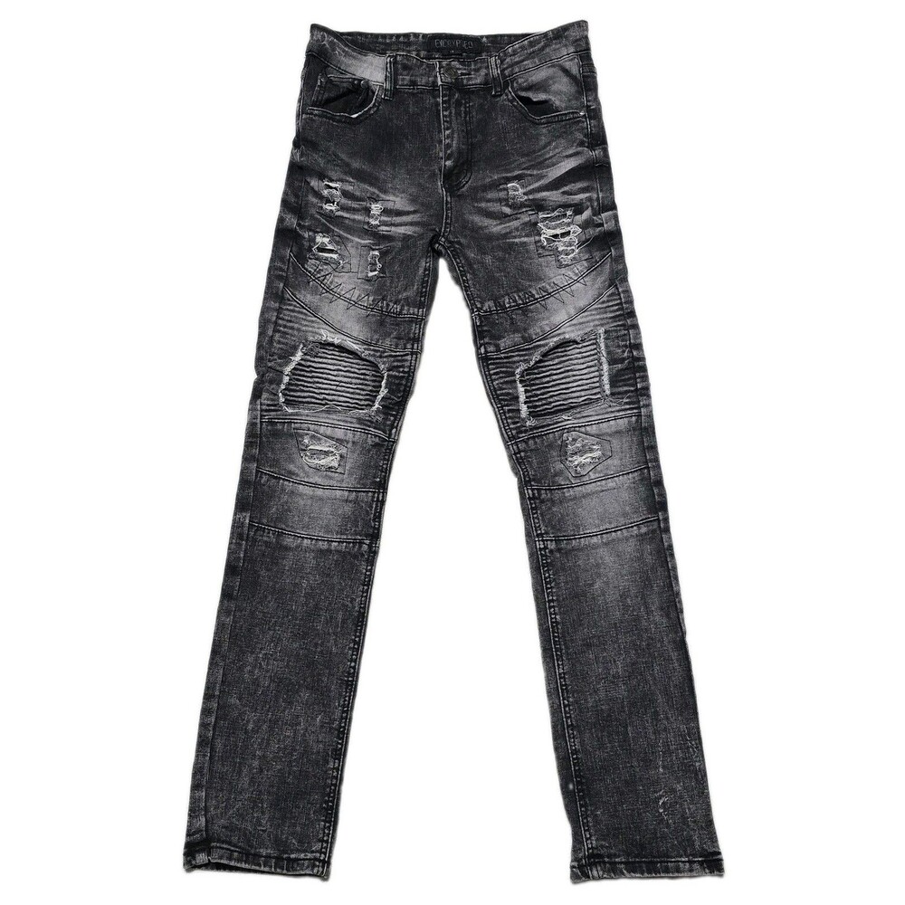 Encrypted Youth, Boys 18 Distressed Moto Biker Jeans Black Gray Acid Wash Pants